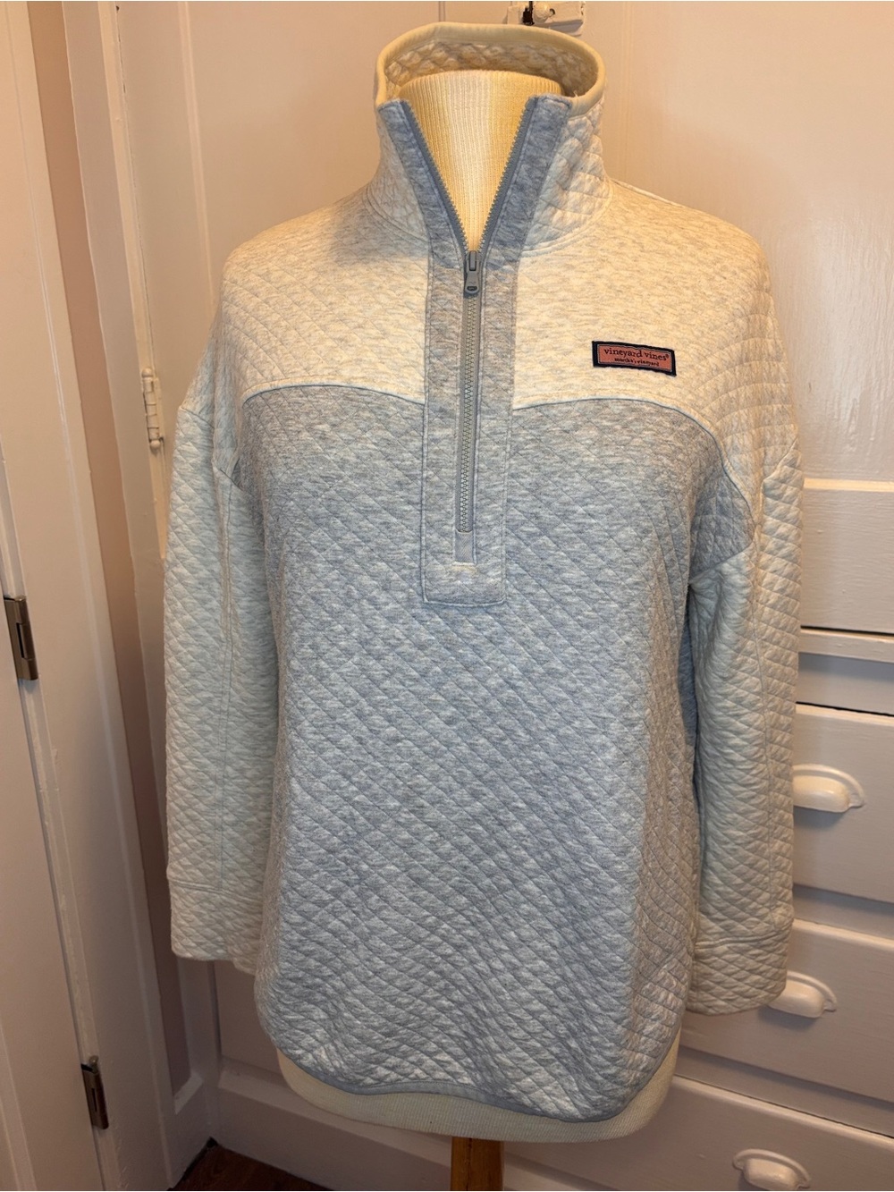 Vineyard Vines Shep Shirt Quilted Half-Zip Pullover Light Gray Cream Size Medium